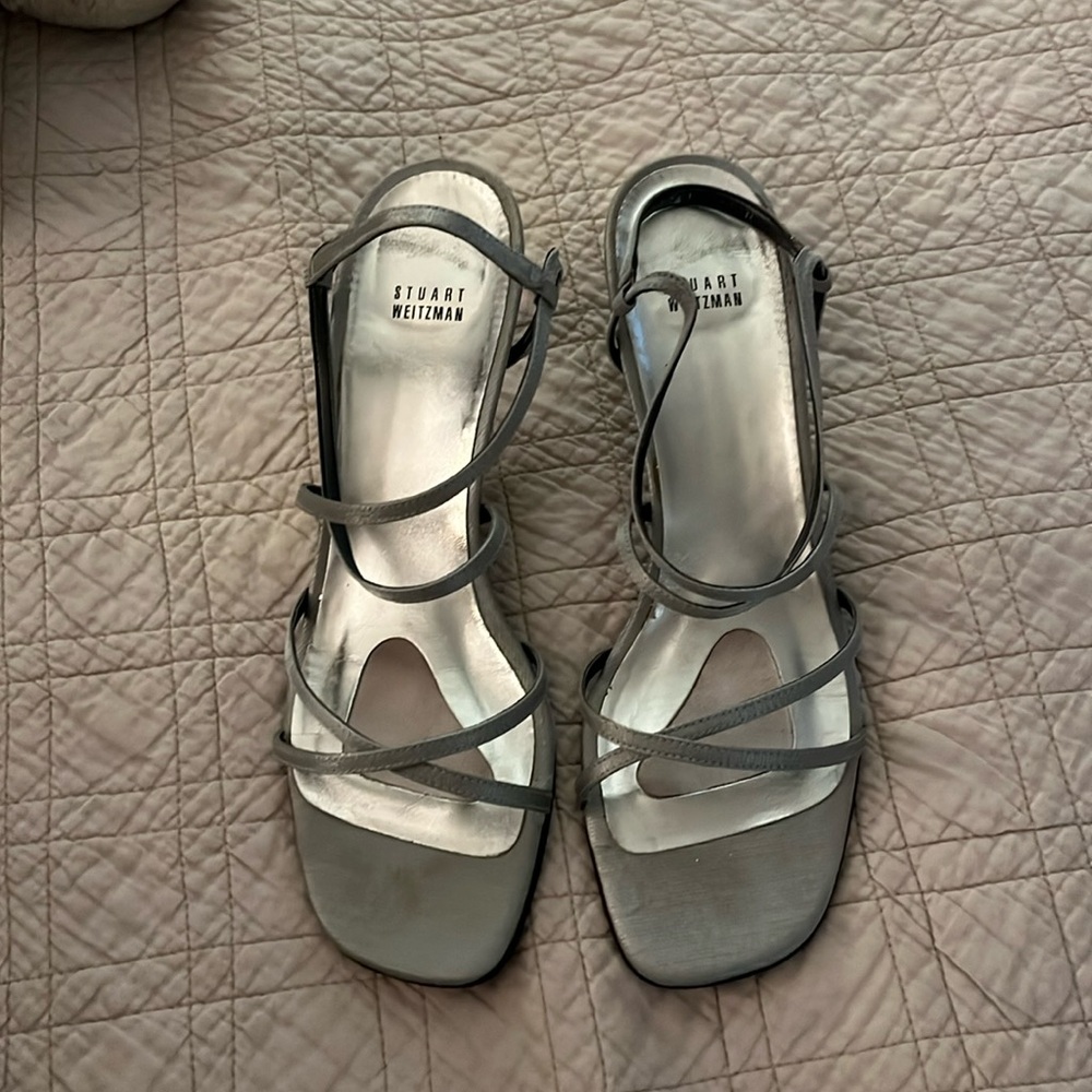 Stuart Weitzman, Size 11, silver Matte Lame small heel.